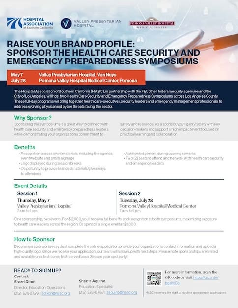 Flyer for Health Care Security and Emergency Preparedness Symposiums sponsors
